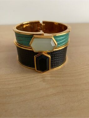 Gold-Tone Green and Black Enamel Cuff Bracelet with Stone Accents